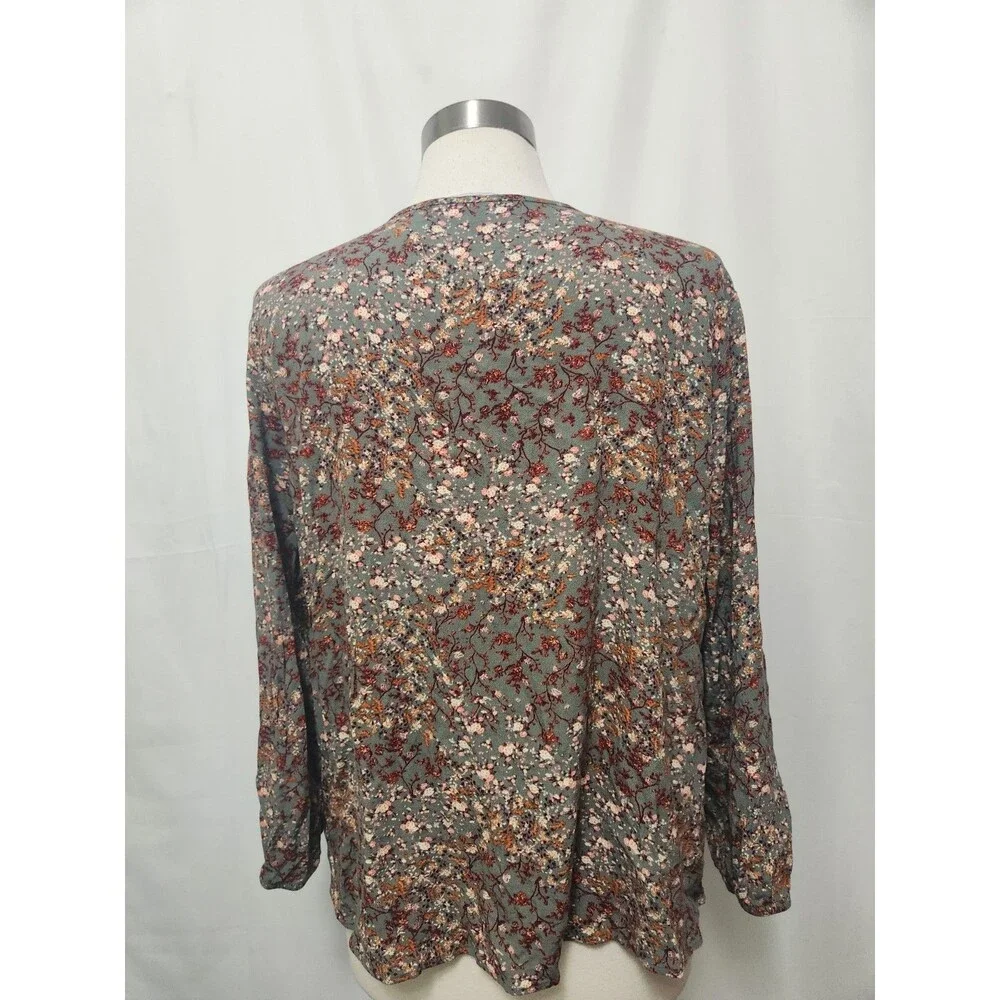 Bohemian Babydoll Top Womens XL Floral Tie V Neck Blouse Romantic Cottage Core